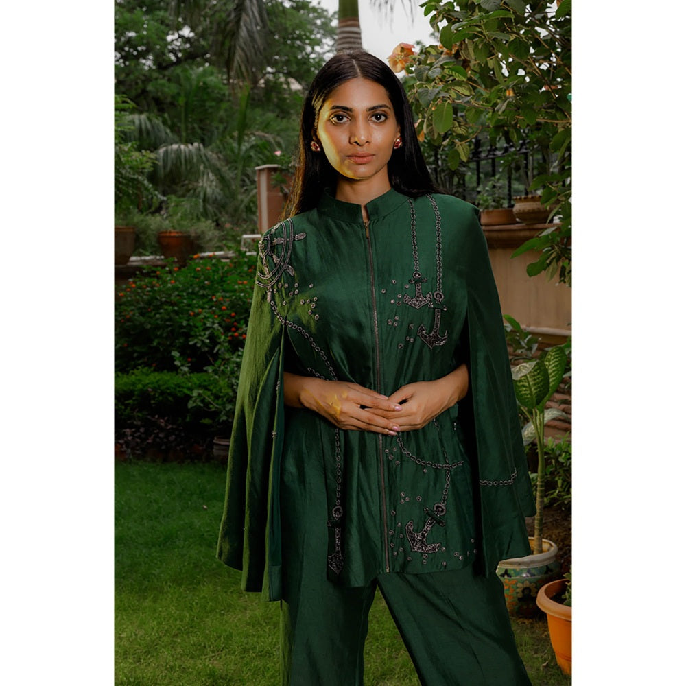 Omana by Ranjana Bothra Emerald Anchor Cape Co-Ord (Set of 3)