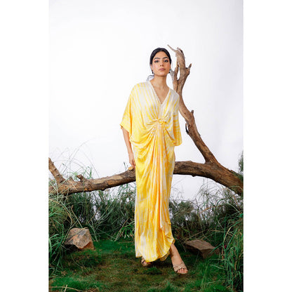 Omana by Ranjana Bothra Yellow Shibori Ring Kaftan Dress