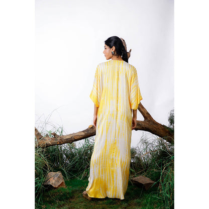 Omana by Ranjana Bothra Yellow Shibori Ring Kaftan Dress