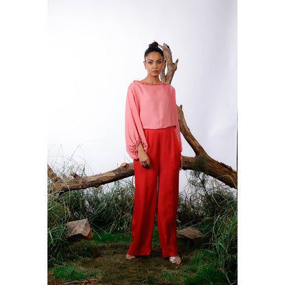 Omana by Ranjana Bothra Pink & Red Color-Block Pearl Beaded Jumpsuit