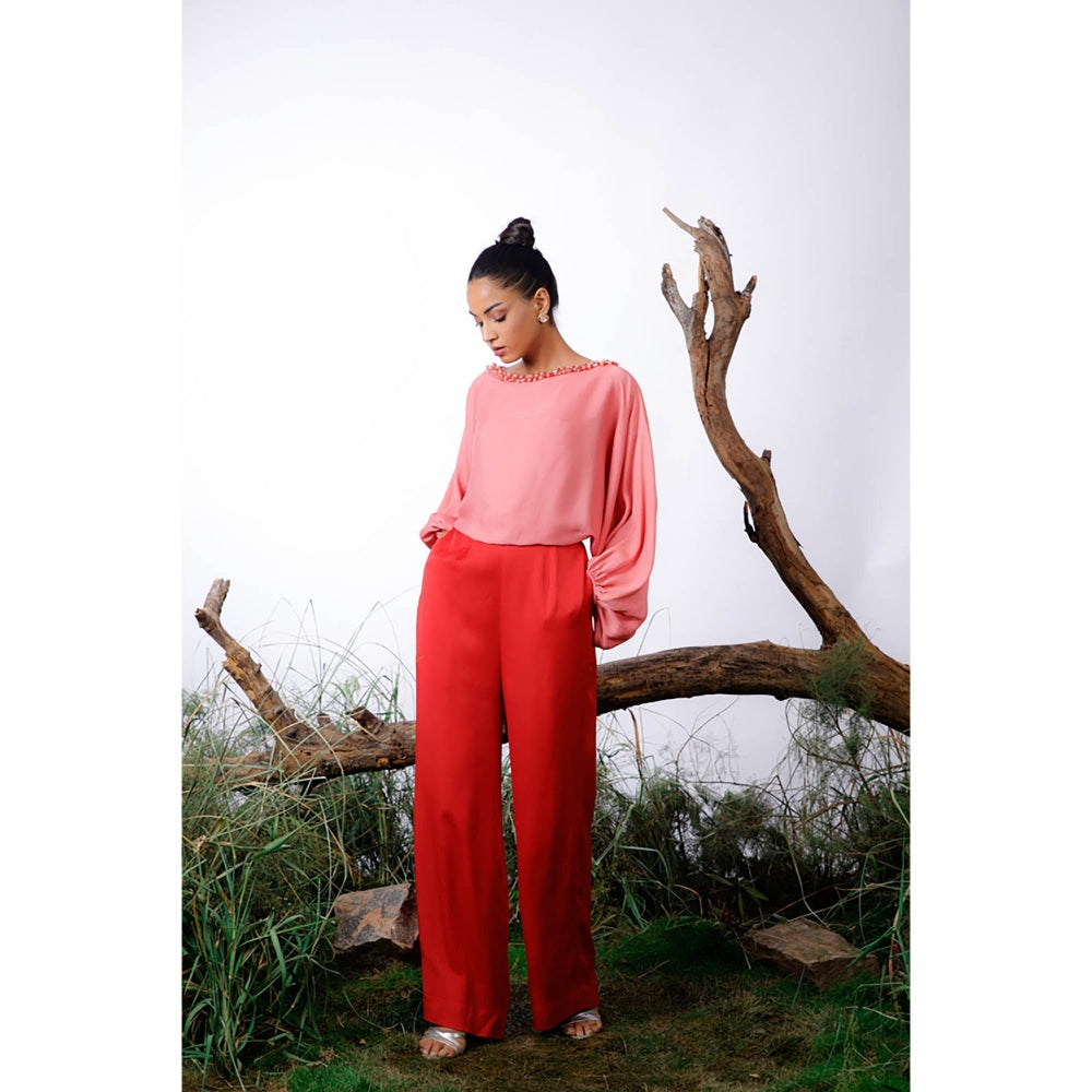 Omana by Ranjana Bothra Pink & Red Color-Block Pearl Beaded Jumpsuit