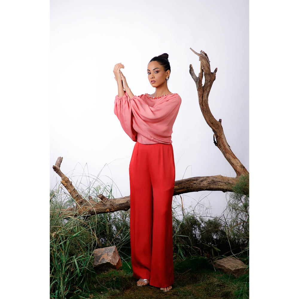 Omana by Ranjana Bothra Pink & Red Color-Block Pearl Beaded Jumpsuit