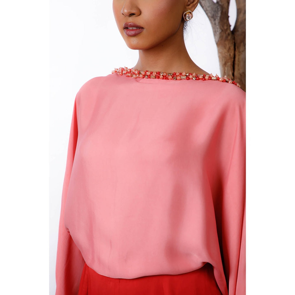 Omana by Ranjana Bothra Pink & Red Color-Block Pearl Beaded Jumpsuit