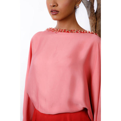 Omana by Ranjana Bothra Pink & Red Color-Block Pearl Beaded Jumpsuit