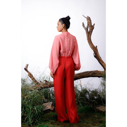 Omana by Ranjana Bothra Pink & Red Color-Block Pearl Beaded Jumpsuit