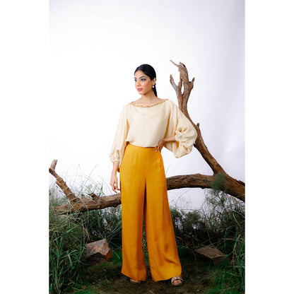 Omana by Ranjana Bothra Cream & Mustard Color-Block Pearl Beaded Jumpsuit
