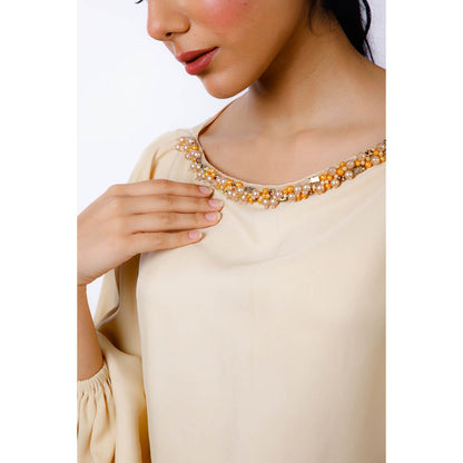 Omana by Ranjana Bothra Cream & Mustard Color-Block Pearl Beaded Jumpsuit