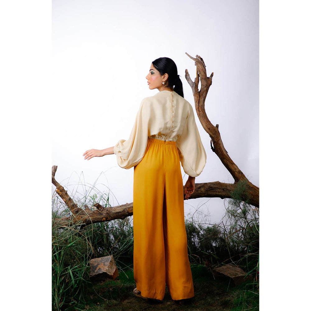 Omana by Ranjana Bothra Cream & Mustard Color-Block Pearl Beaded Jumpsuit