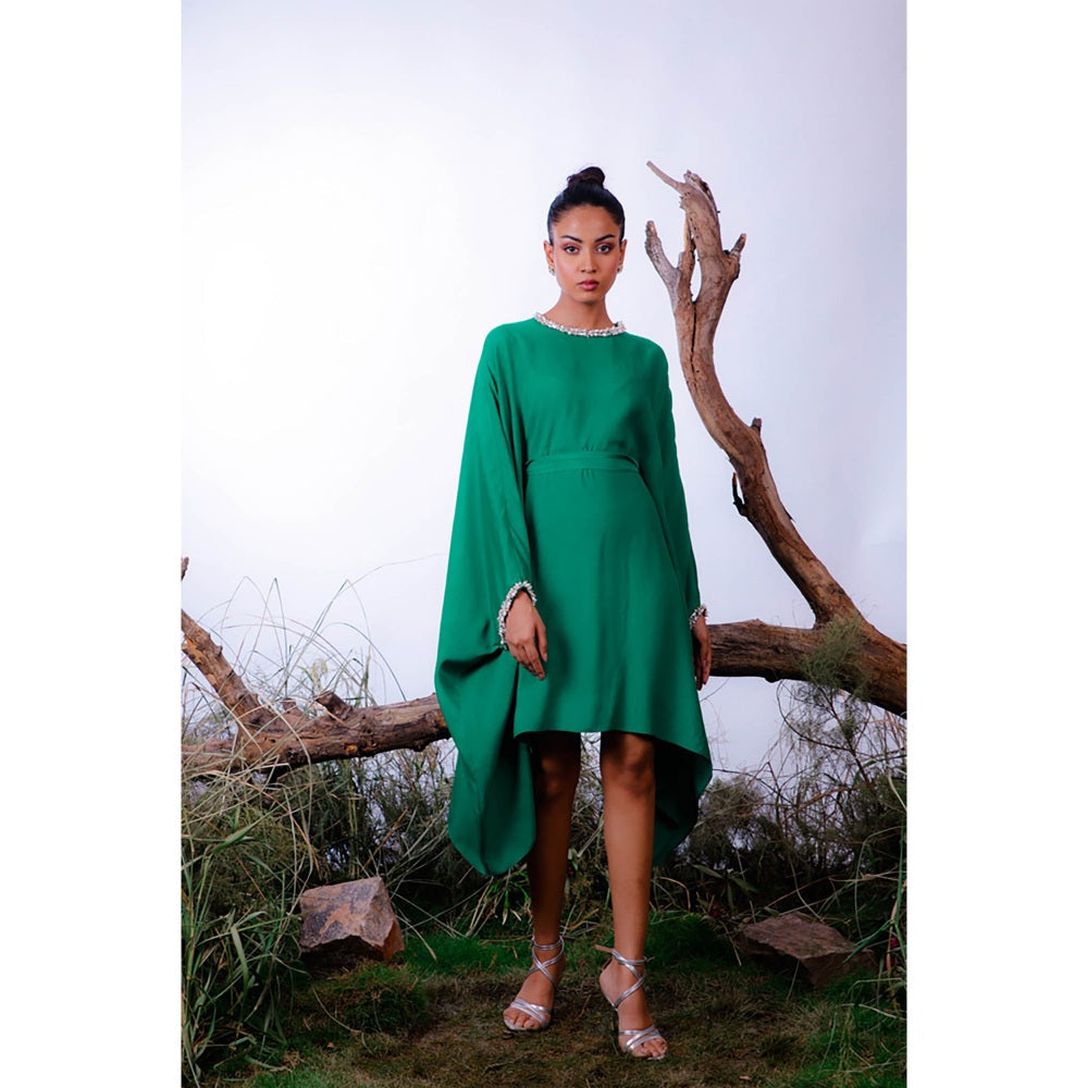 Omana by Ranjana Bothra Poppy Green Pearl Beaded Dress With Belt (Set of 2)