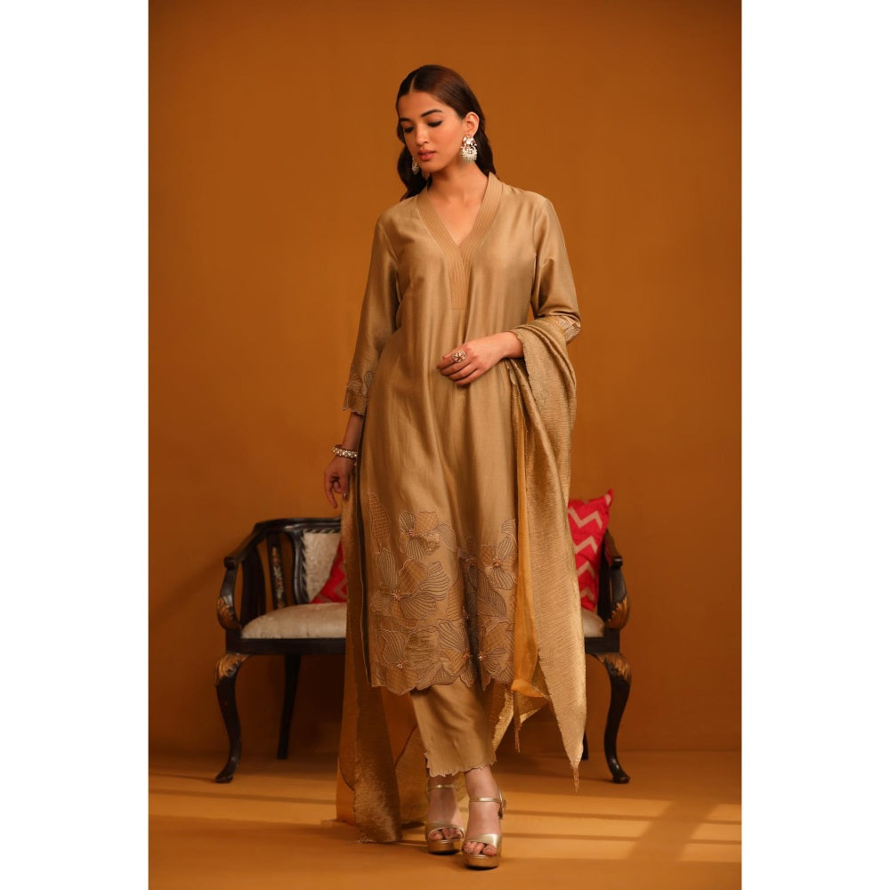 Omana by Ranjana Bothra Brown Pakeeza Applique Kurta with Pant and Dupatta (Set of 3)