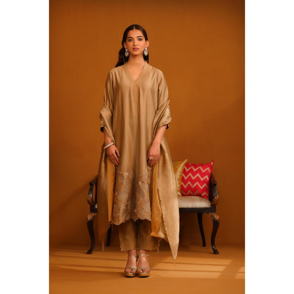 Omana by Ranjana Bothra Brown Pakeeza Applique Kurta with Pant and Dupatta (Set of 3)