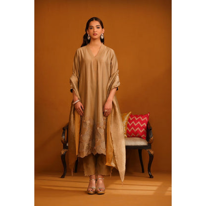 Omana by Ranjana Bothra Brown Pakeeza Applique Kurta with Pant and Dupatta (Set of 3)