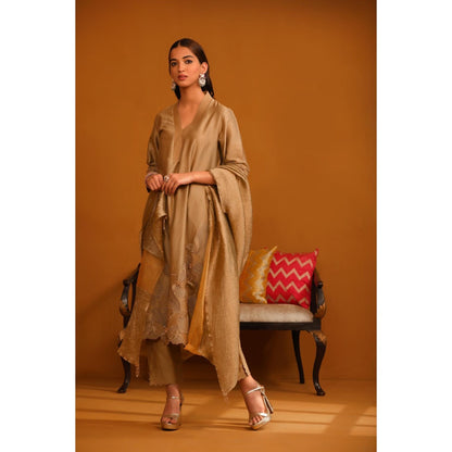 Omana by Ranjana Bothra Brown Pakeeza Applique Kurta with Pant and Dupatta (Set of 3)