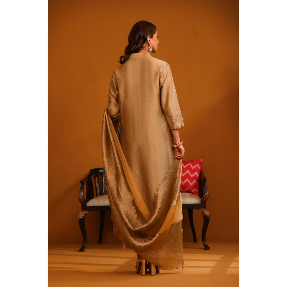 Omana by Ranjana Bothra Brown Pakeeza Applique Kurta with Pant and Dupatta (Set of 3)