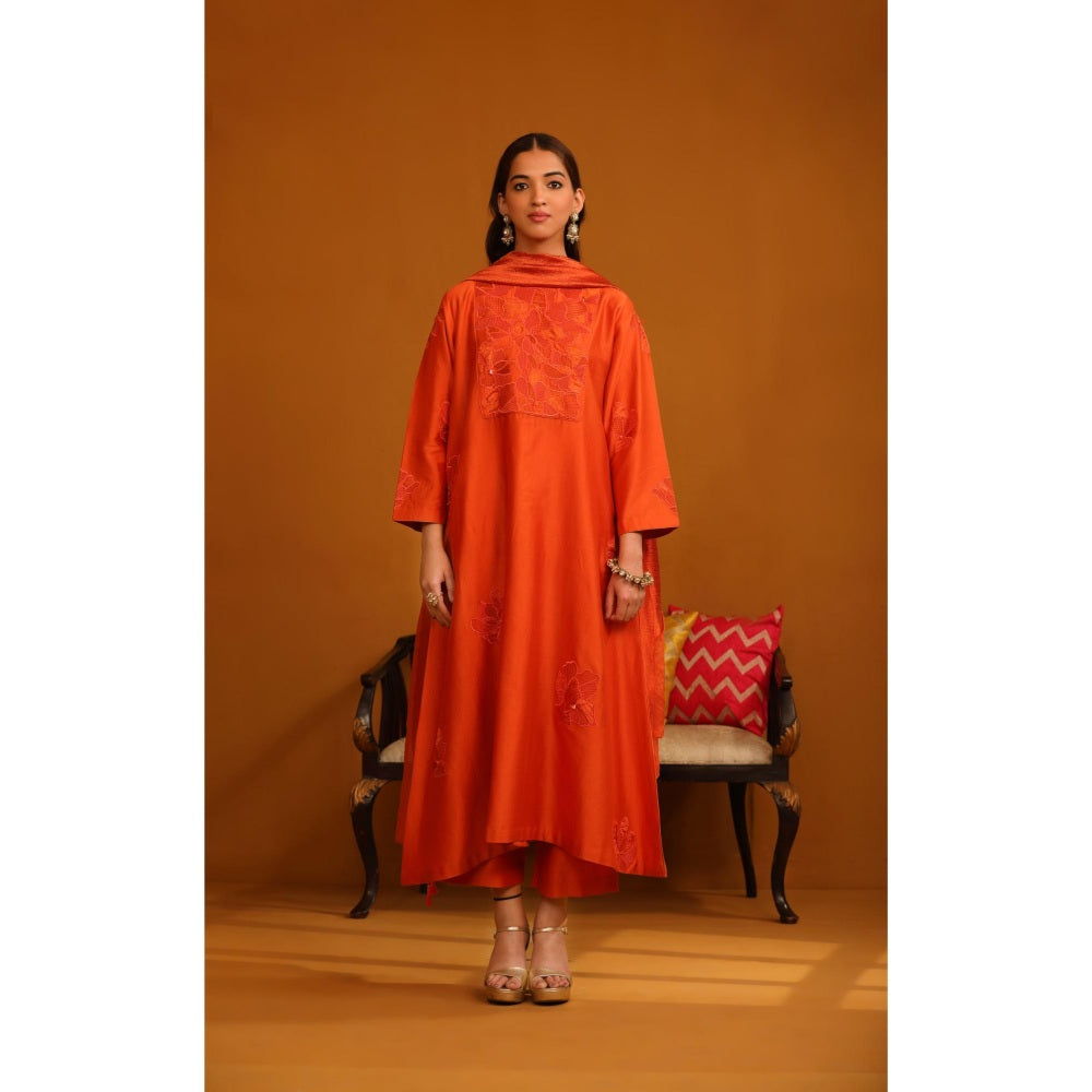 Omana by Ranjana Bothra Orange Nafeesa Applique Kurta with Pant and Dupatta (Set of 3)
