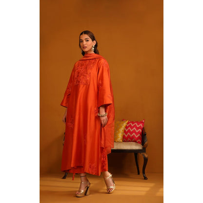 Omana by Ranjana Bothra Orange Nafeesa Applique Kurta with Pant and Dupatta (Set of 3)