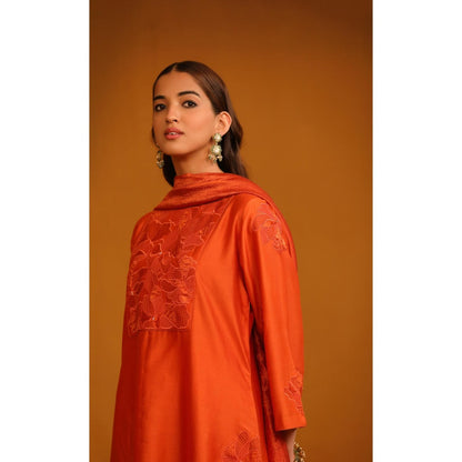 Omana by Ranjana Bothra Orange Nafeesa Applique Kurta with Pant and Dupatta (Set of 3)
