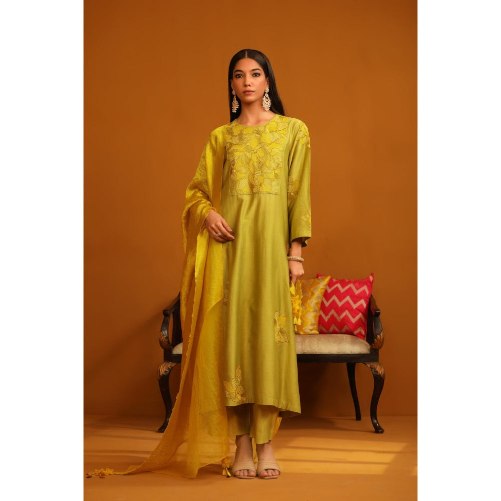 Omana by Ranjana Bothra Green Nafeesa Applique Kurta with Pant and Dupatta (Set of 3)