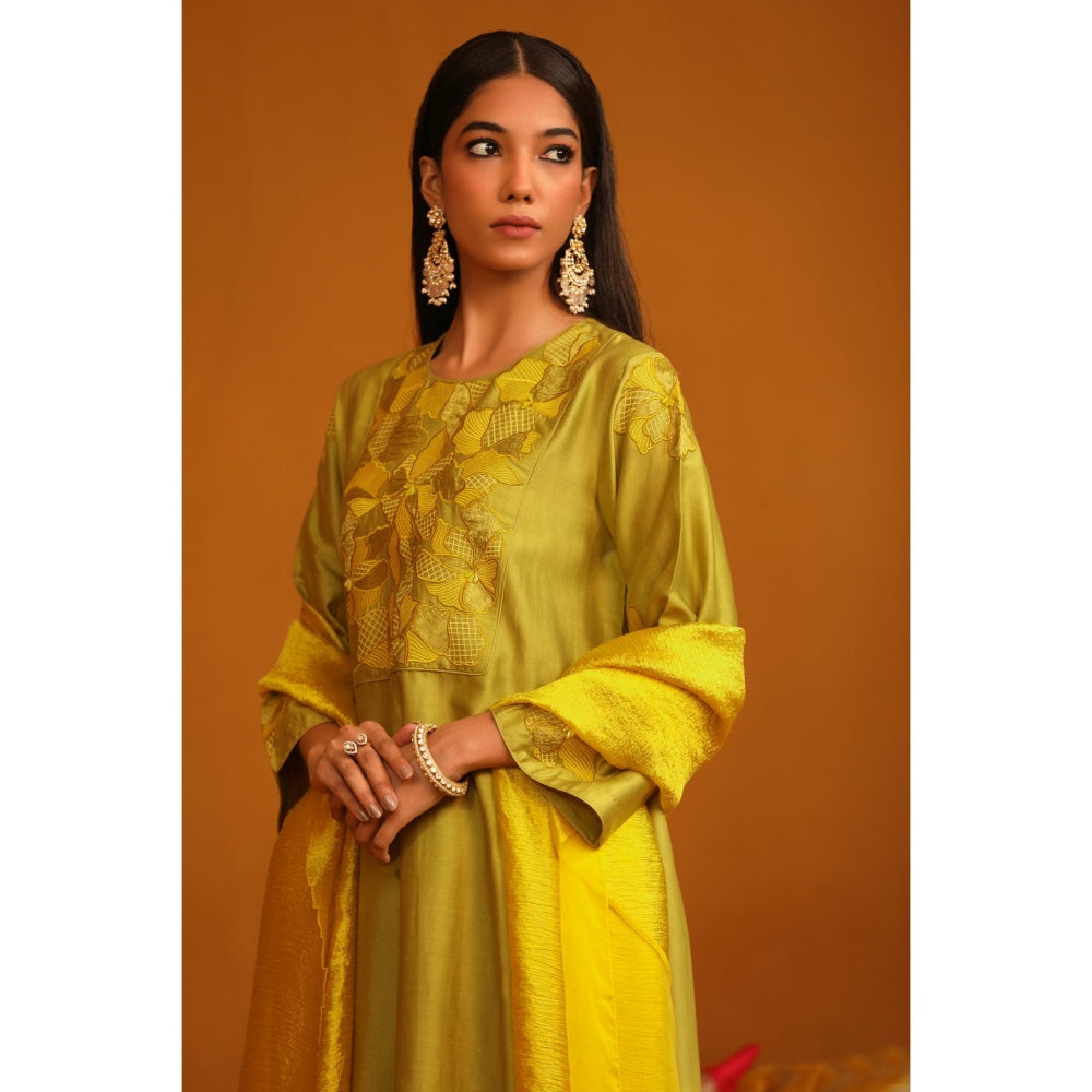 Omana by Ranjana Bothra Green Nafeesa Applique Kurta with Pant and Dupatta (Set of 3)