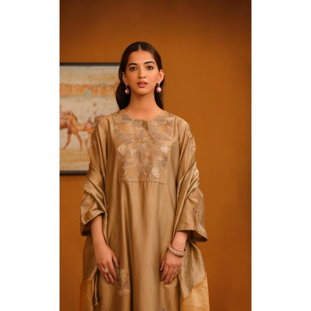 Omana by Ranjana Bothra Brown Nafeesa Applique Kurta with Pant and Dupatta (Set of 3)