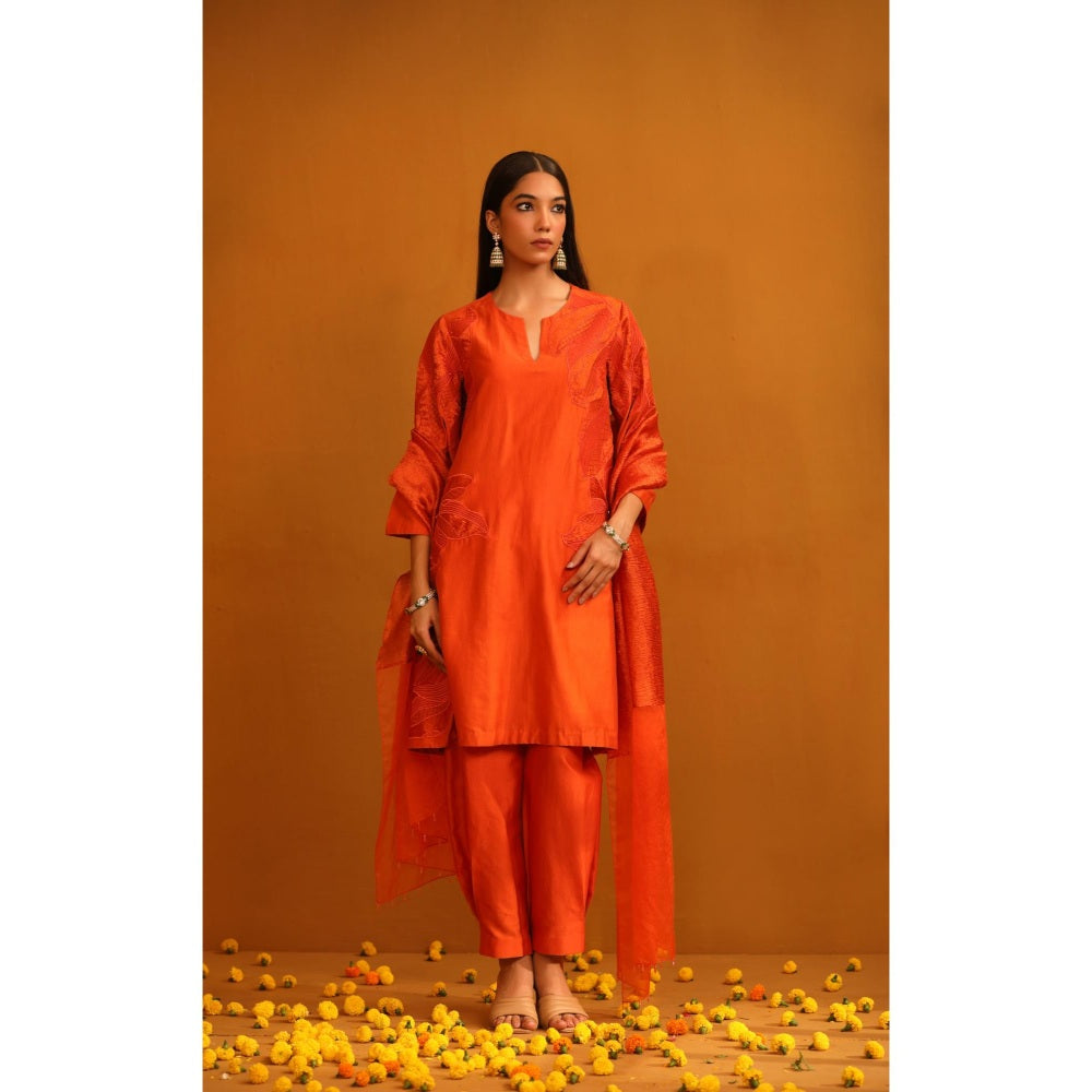 Omana by Ranjana Bothra Orange Huma Applique Kurta with Pant and Dupatta (Set of 3)