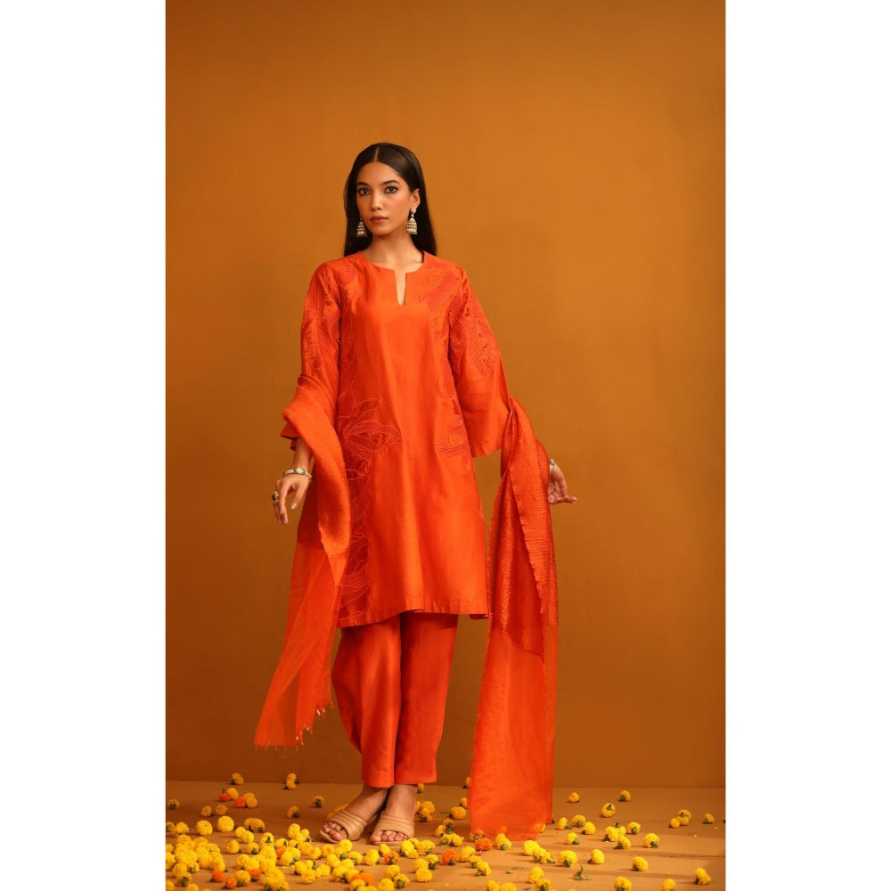 Omana by Ranjana Bothra Orange Huma Applique Kurta with Pant and Dupatta (Set of 3)