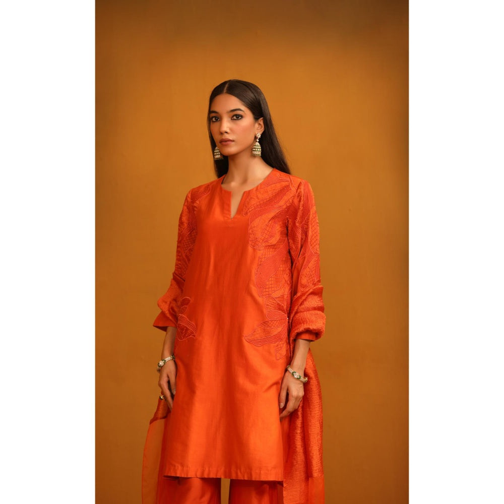 Omana by Ranjana Bothra Orange Huma Applique Kurta with Pant and Dupatta (Set of 3)