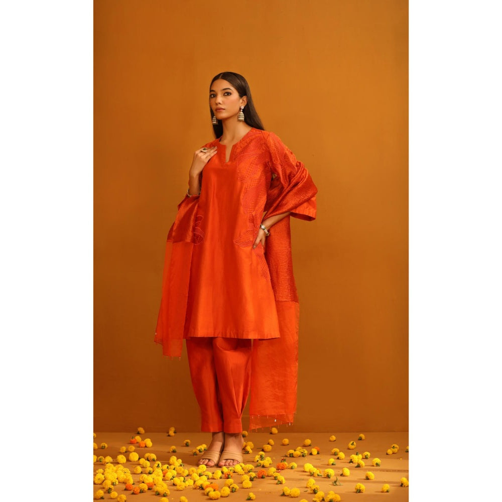 Omana by Ranjana Bothra Orange Huma Applique Kurta with Pant and Dupatta (Set of 3)