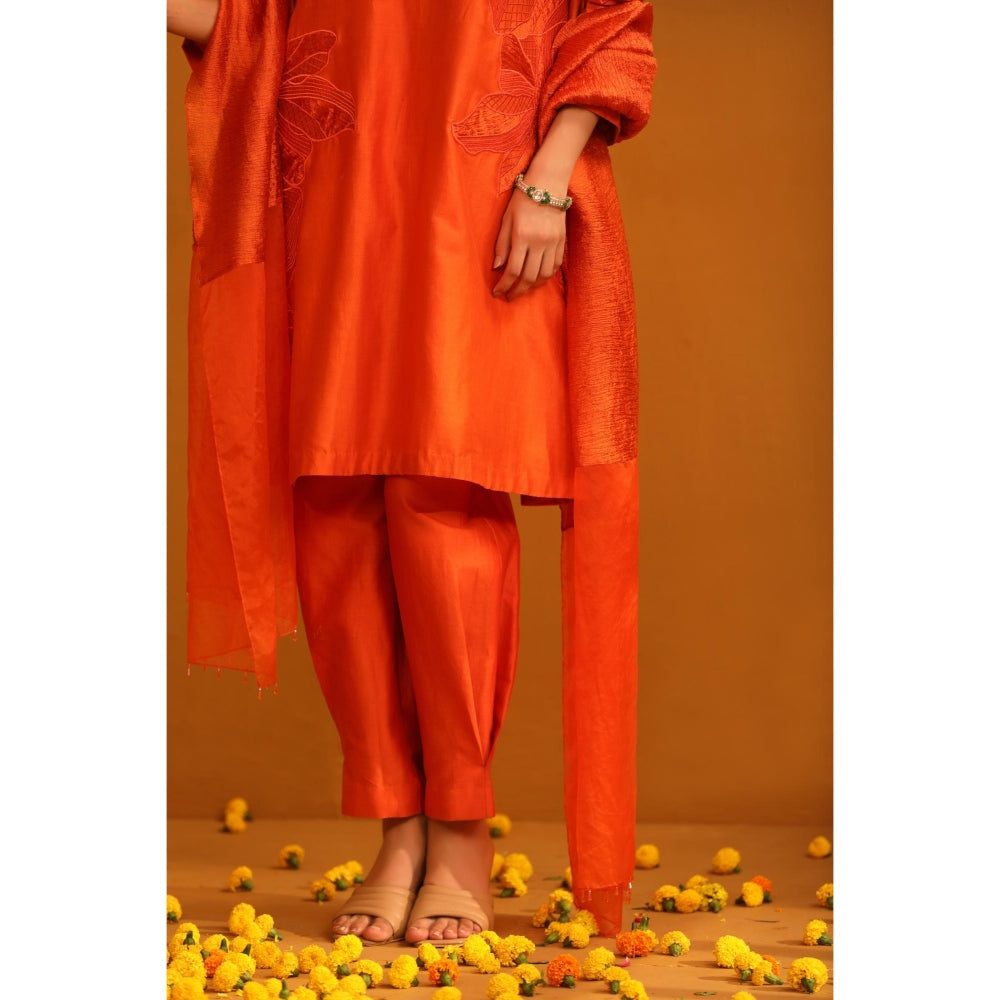 Omana by Ranjana Bothra Orange Huma Applique Kurta with Pant and Dupatta (Set of 3)