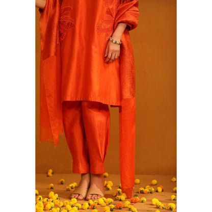 Omana by Ranjana Bothra Orange Huma Applique Kurta with Pant and Dupatta (Set of 3)