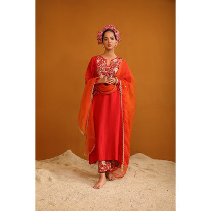 Omana by Ranjana Bothra Red Naaz Kurta with Pant and Dupatta (Set of 3)