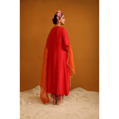 Omana by Ranjana Bothra Red Naaz Kurta with Pant and Dupatta (Set of 3)