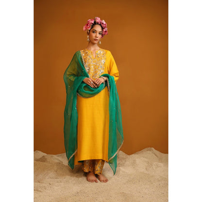 Omana by Ranjana Bothra Yellow Naaz Kurta with Pant and Dupatta (Set of 3)