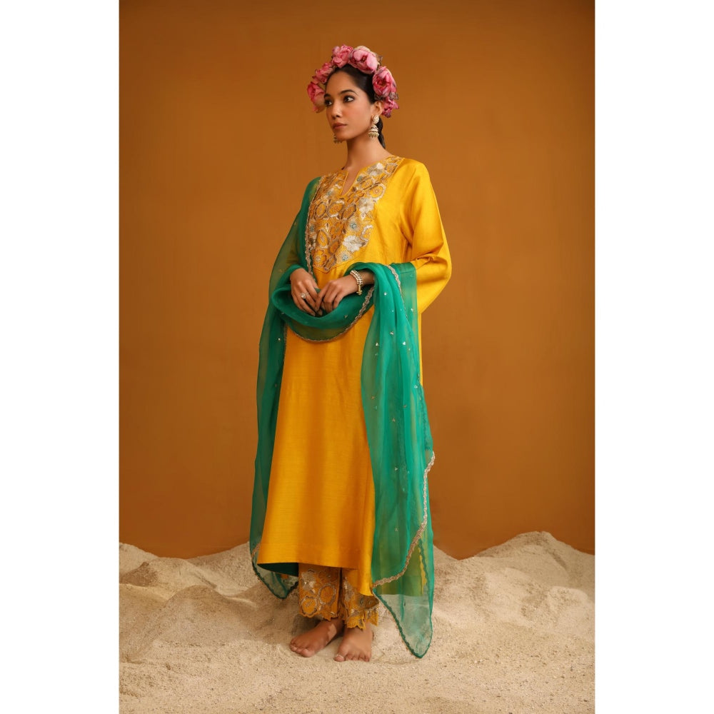 Omana by Ranjana Bothra Yellow Naaz Kurta with Pant and Dupatta (Set of 3)