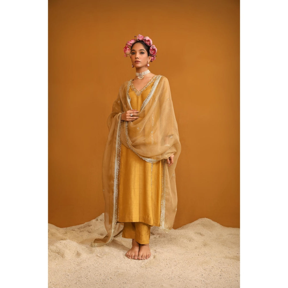 Omana by Ranjana Bothra Mustard Firoza Kurta with Pant and Dupatta (Set of 3)