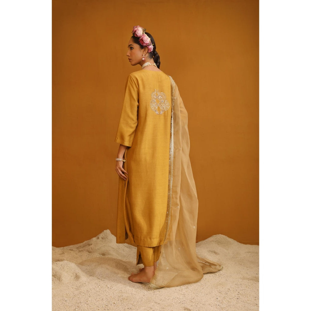 Omana by Ranjana Bothra Mustard Firoza Kurta with Pant and Dupatta (Set of 3)