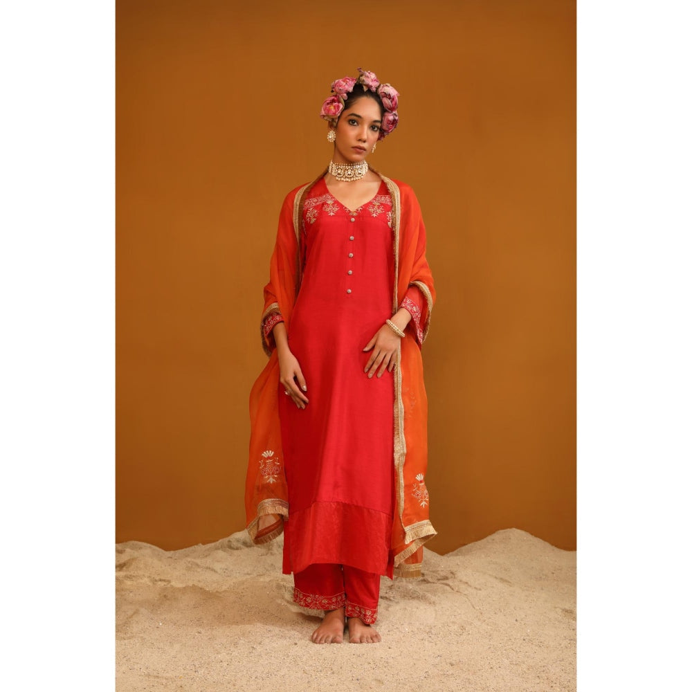 Omana by Ranjana Bothra Red Zeenat Kurta with Pant and Dupatta (Set of 3)