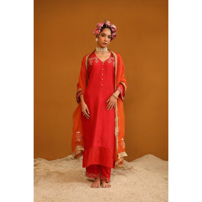 Omana by Ranjana Bothra Red Zeenat Kurta with Pant and Dupatta (Set of 3)