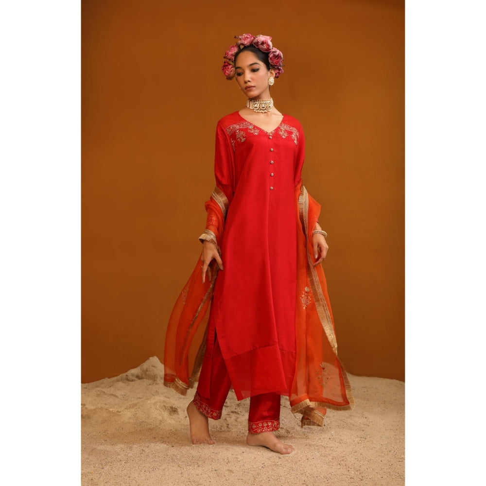 Omana by Ranjana Bothra Red Zeenat Kurta with Pant and Dupatta (Set of 3)