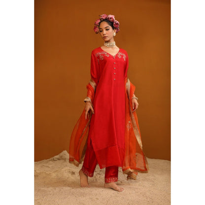 Omana by Ranjana Bothra Red Zeenat Kurta with Pant and Dupatta (Set of 3)