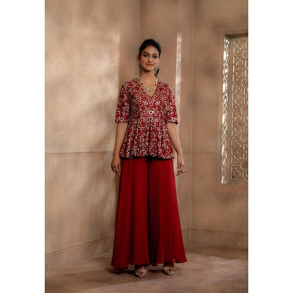Omana by Ranjana Bothra Ruby Red Zareen Peplum Top with Sharara (Set of 2)