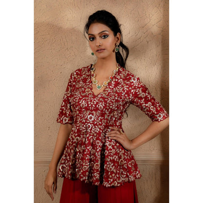 Omana by Ranjana Bothra Ruby Red Zareen Peplum Top with Sharara (Set of 2)