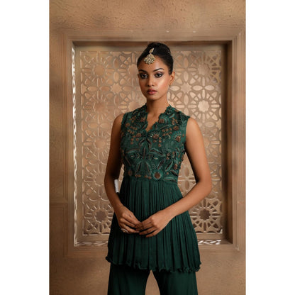 Omana by Ranjana Bothra Green Pankhi Peplum Top with Sharara (Set of 2)