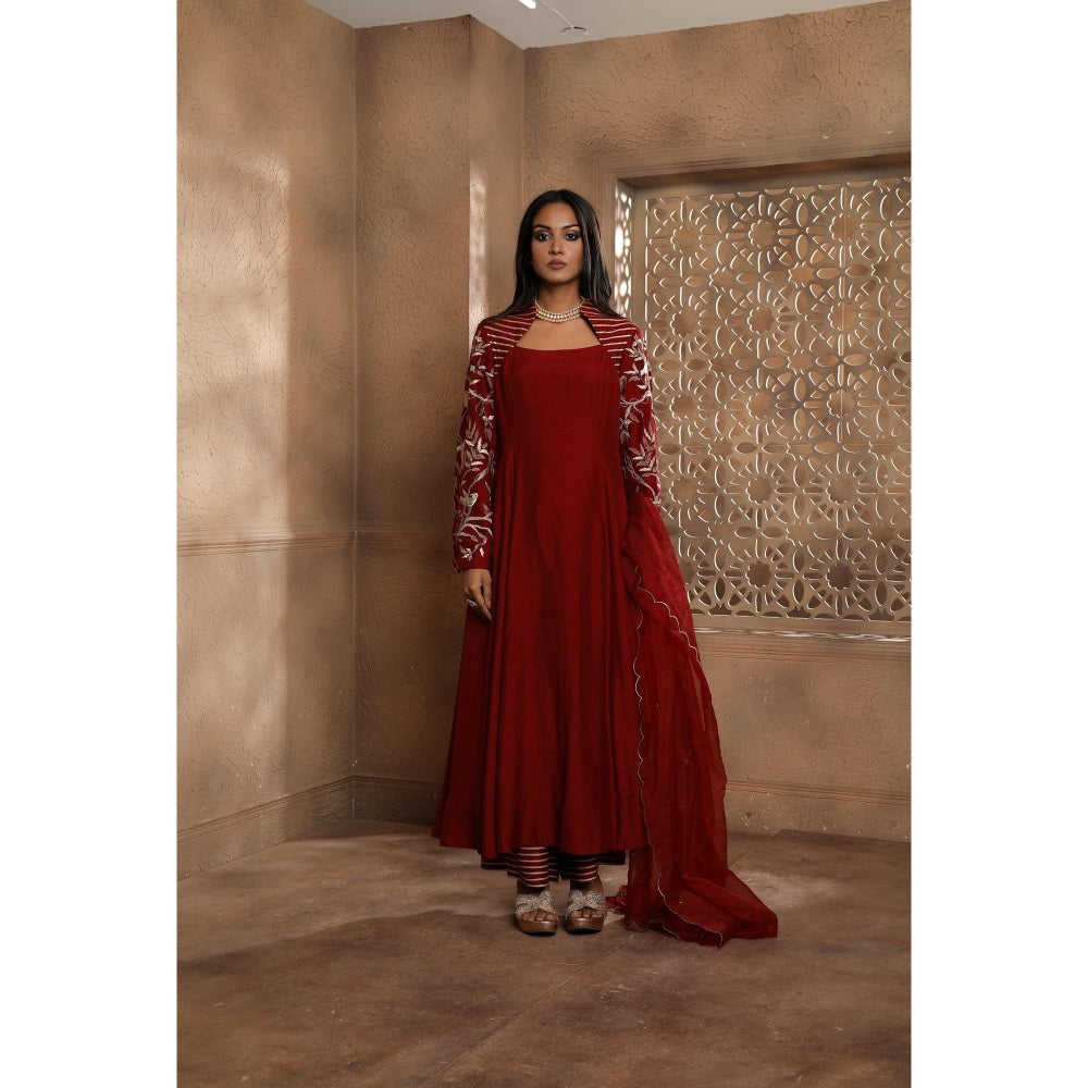 Omana by Ranjana Bothra Red Bella Bird Kurta with Palazzo and Dupatta (Set of 3)