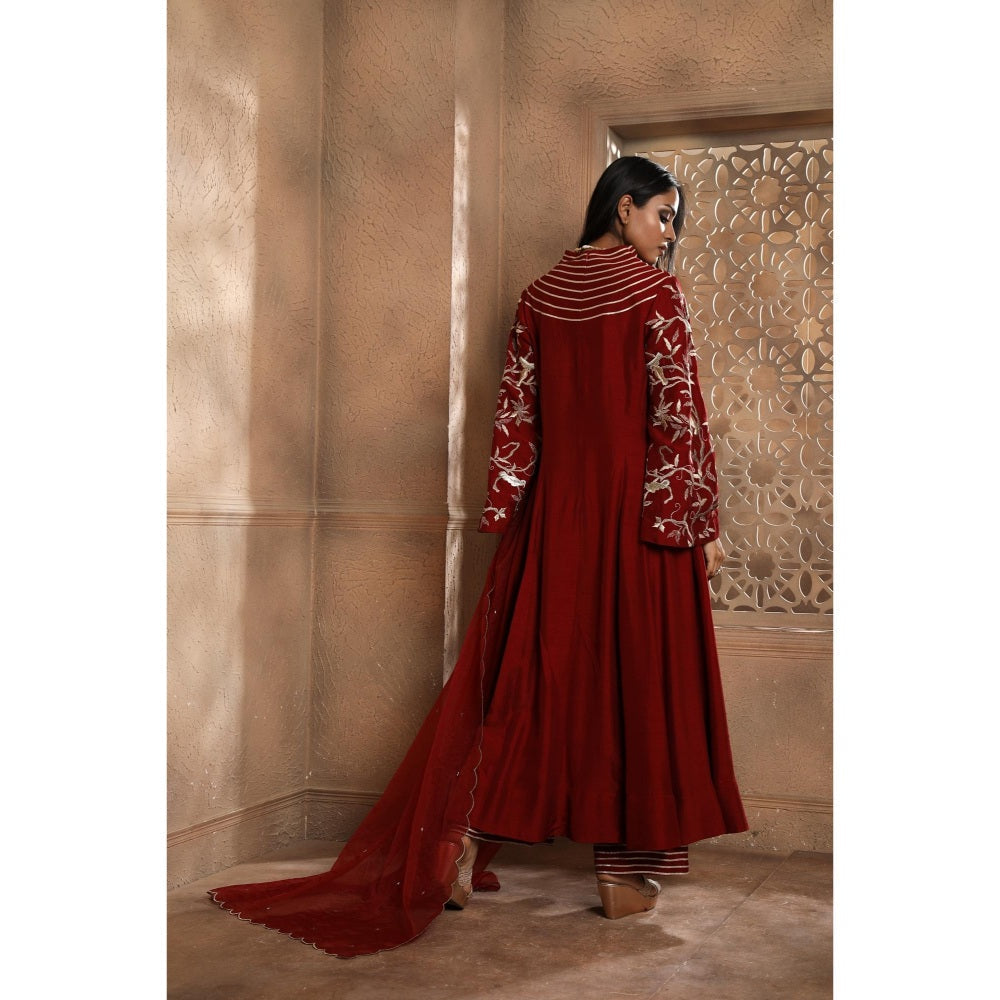 Omana by Ranjana Bothra Red Bella Bird Kurta with Palazzo and Dupatta (Set of 3)