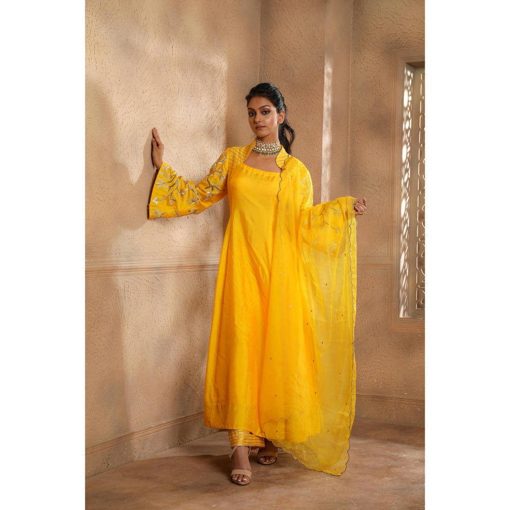 Omana by Ranjana Bothra Yellow Bella Bird Kurta with Palazzo and Dupatta (Set of 3)