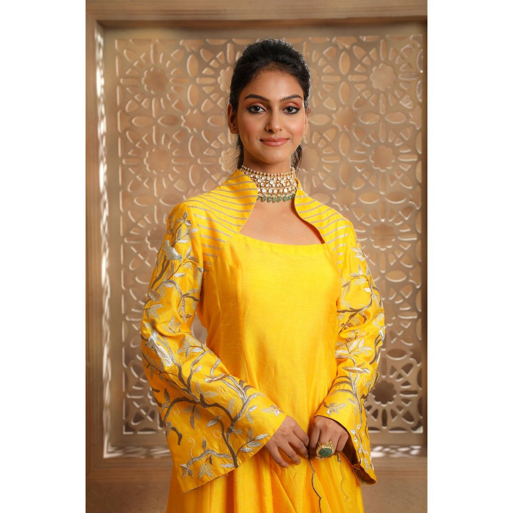 Omana by Ranjana Bothra Yellow Bella Bird Kurta with Palazzo and Dupatta (Set of 3)