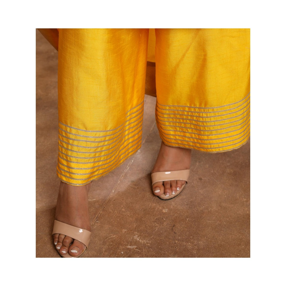 Omana by Ranjana Bothra Yellow Bella Bird Kurta with Palazzo and Dupatta (Set of 3)