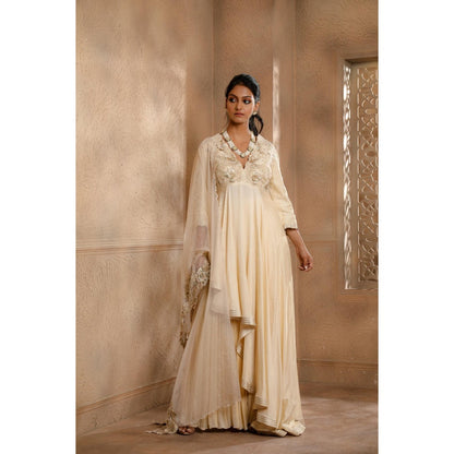 Omana by Ranjana Bothra Cream Asymmetrical Kurta with Sharara and Dupatta (Set of 3)