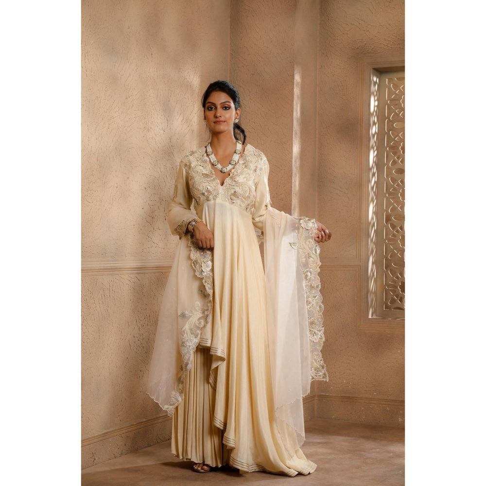 Omana by Ranjana Bothra Cream Asymmetrical Kurta with Sharara and Dupatta (Set of 3)